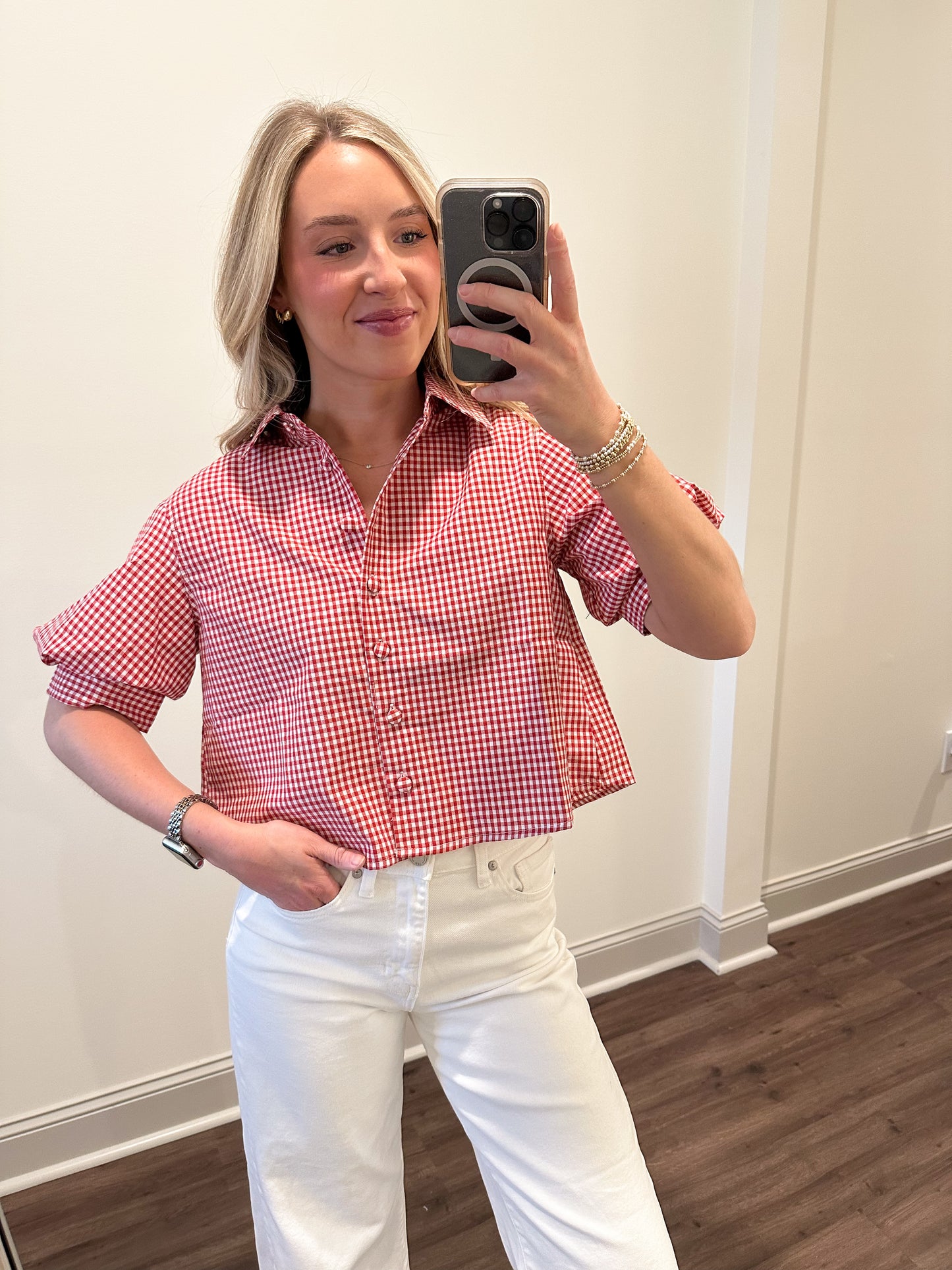 Kelsie Gingham Puff Shirt- Red