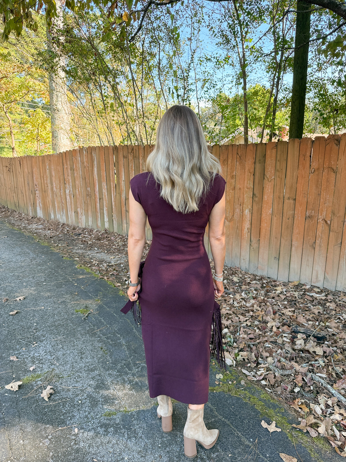 Fringe Faux Wrap Dress- Burgundy