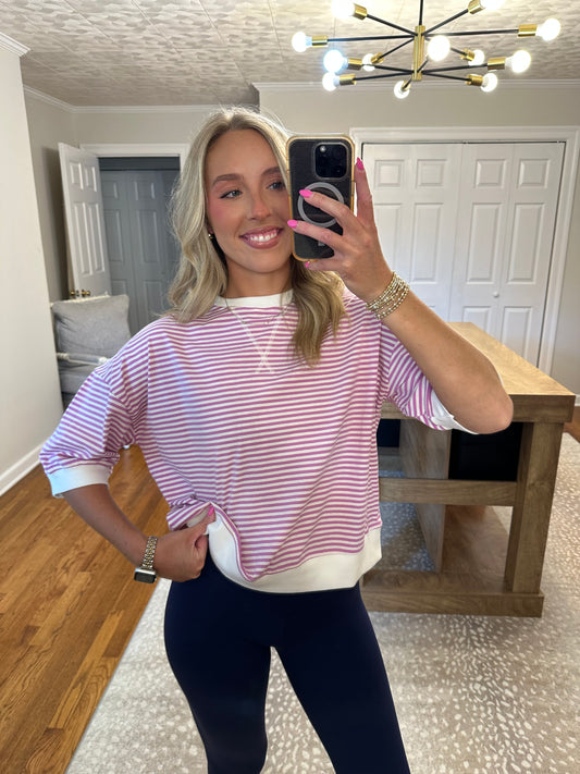 Rib Banded Short Sleeve Stripe Pullover- Bright Mauve
