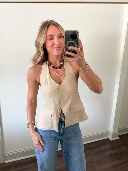 Back Tie Halter Vest- Tan