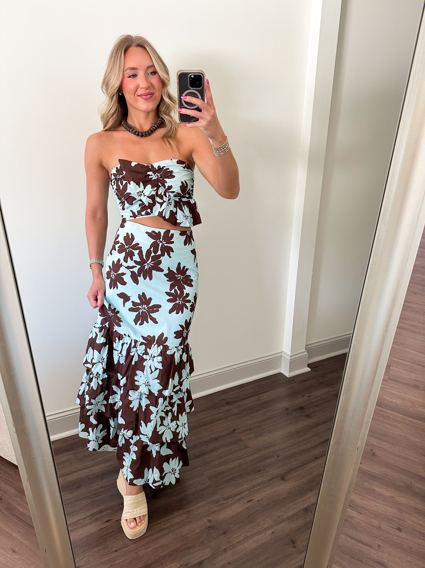 Avena Floral Skirt Set- Blue/Brown