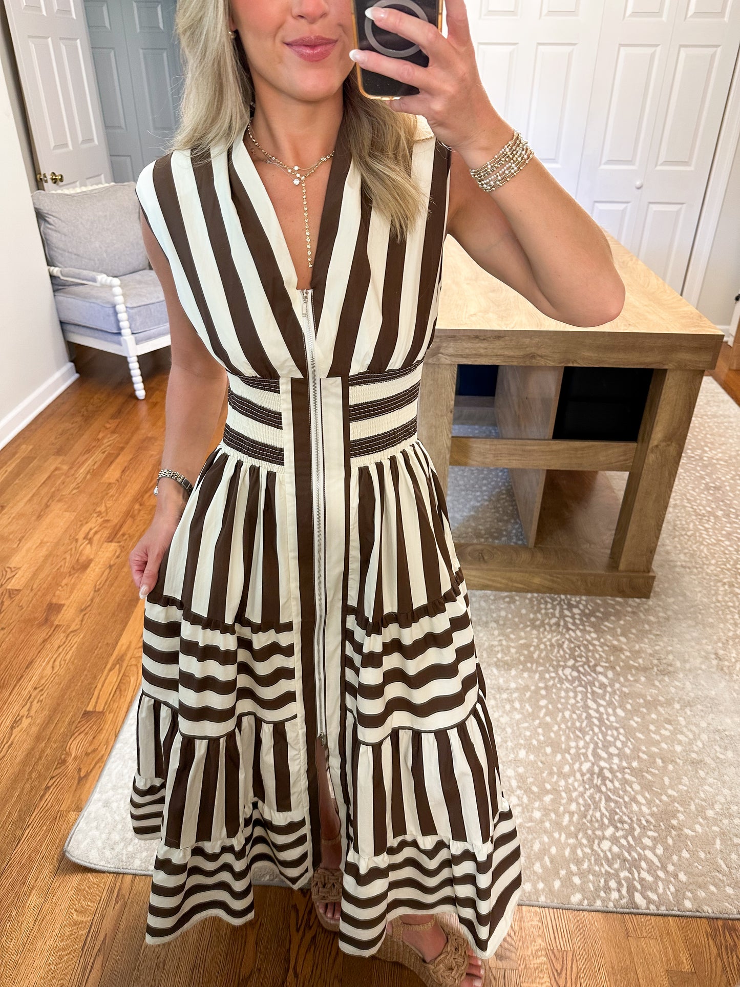 Wide Stripe V Neck Zip Up Maxi Dress- Brown/White
