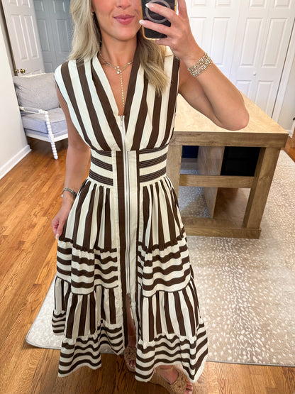 Wide Stripe V Neck Zip Up Maxi Dress- Brown/White
