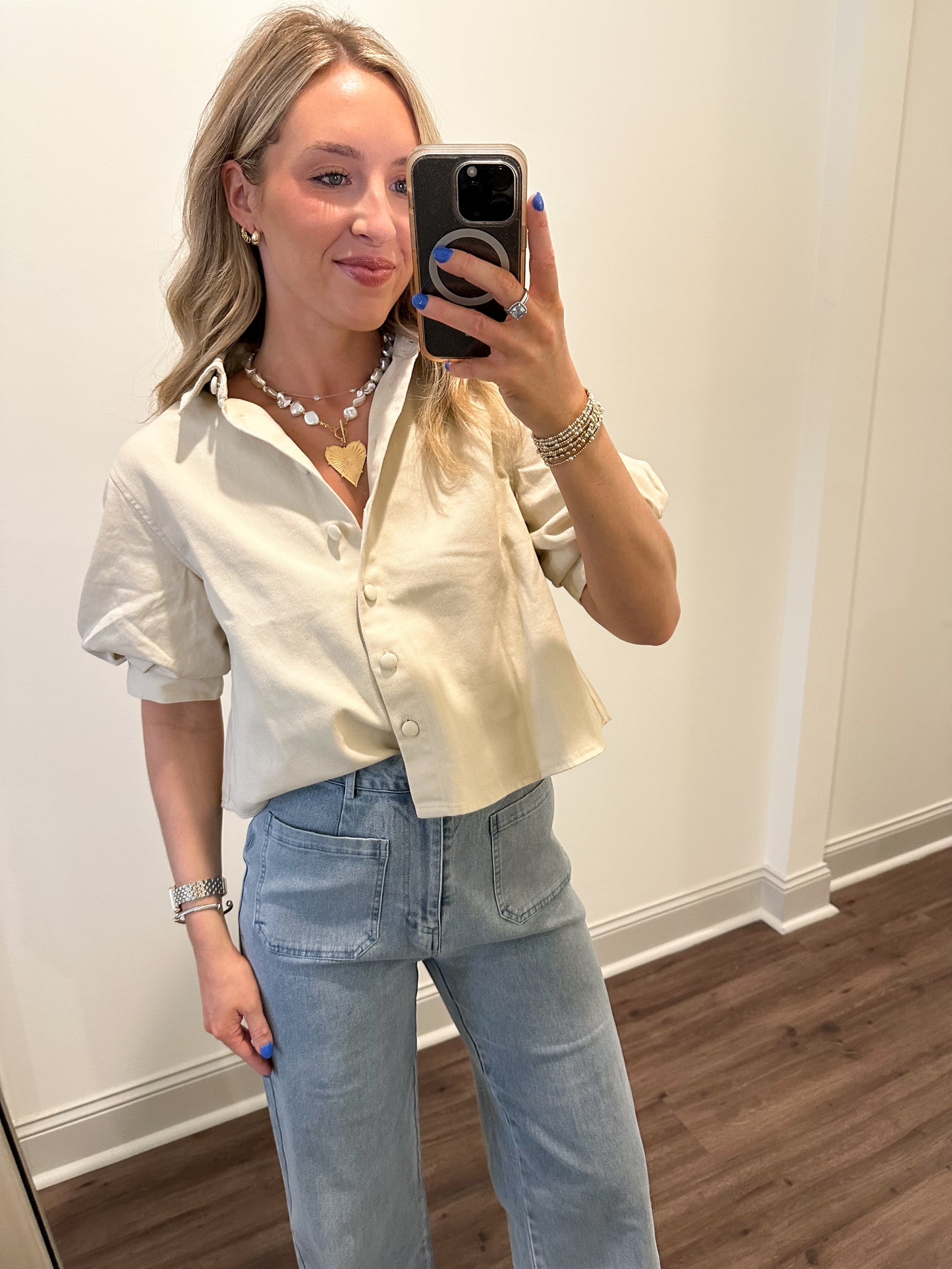 Kaia Puff-sleeve Cropped Shirt- Natural