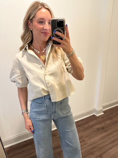 Kaia Puff-sleeve Cropped Shirt- Natural