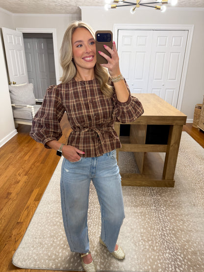 Marlowe Plaid Tie-Waist Blouse