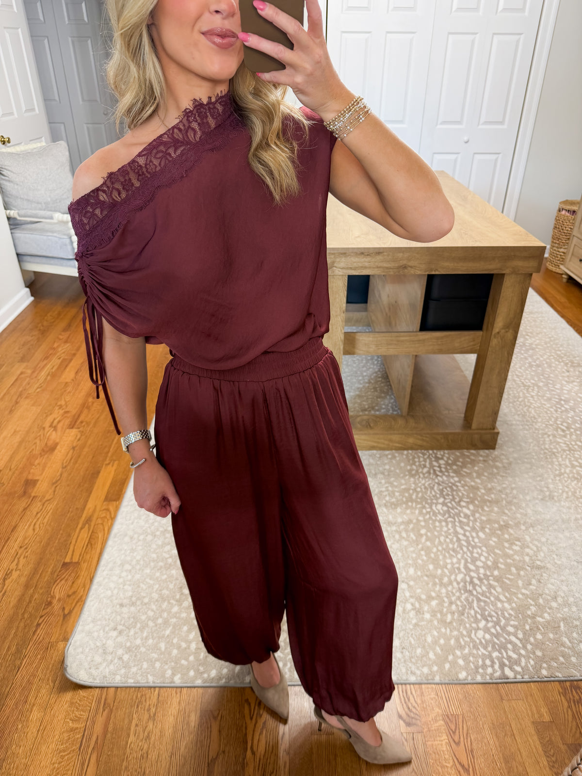 Maeve Lace Trim Top- Wine