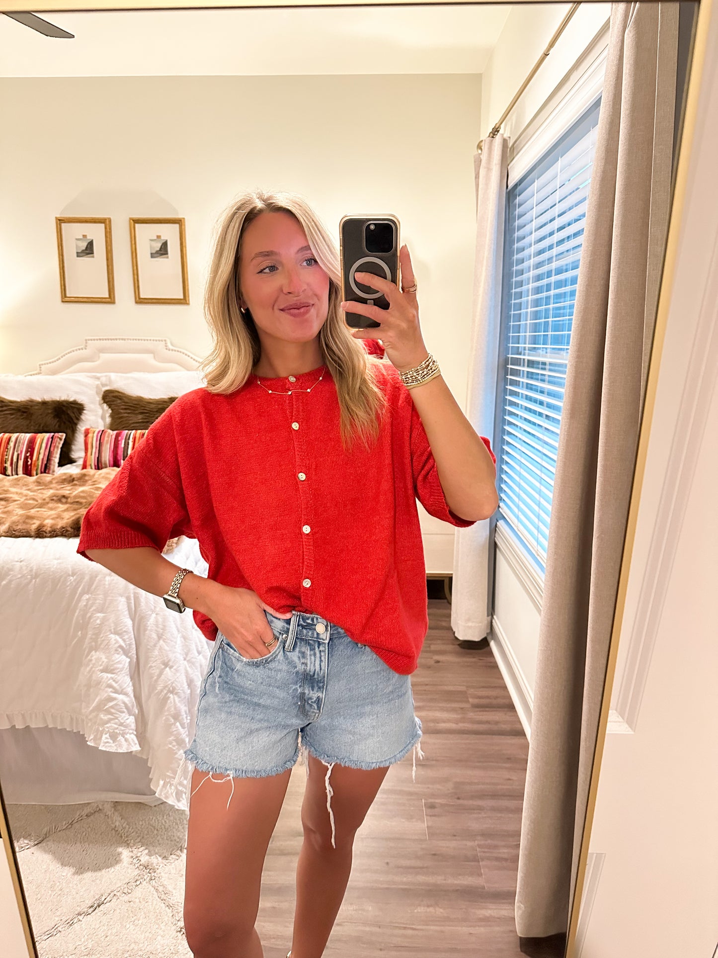 Short Sleeve Crew Neck Sweater Cardigan- Red