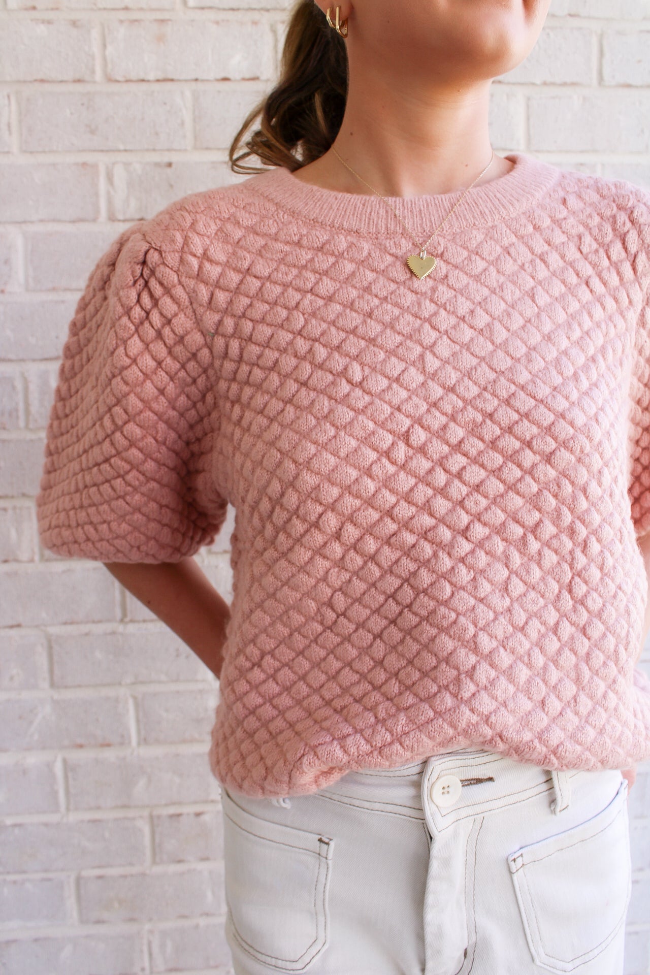 Textured Puff Sweater- Dusty Pink