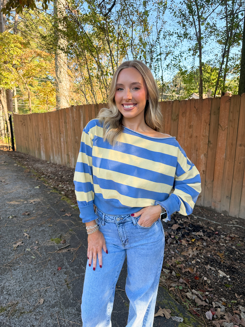 Lily Striped Off Shoulder Sweatshirt- Blue/Yellow