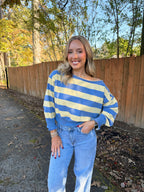 Lily Striped Off Shoulder Sweatshirt- Blue/Yellow