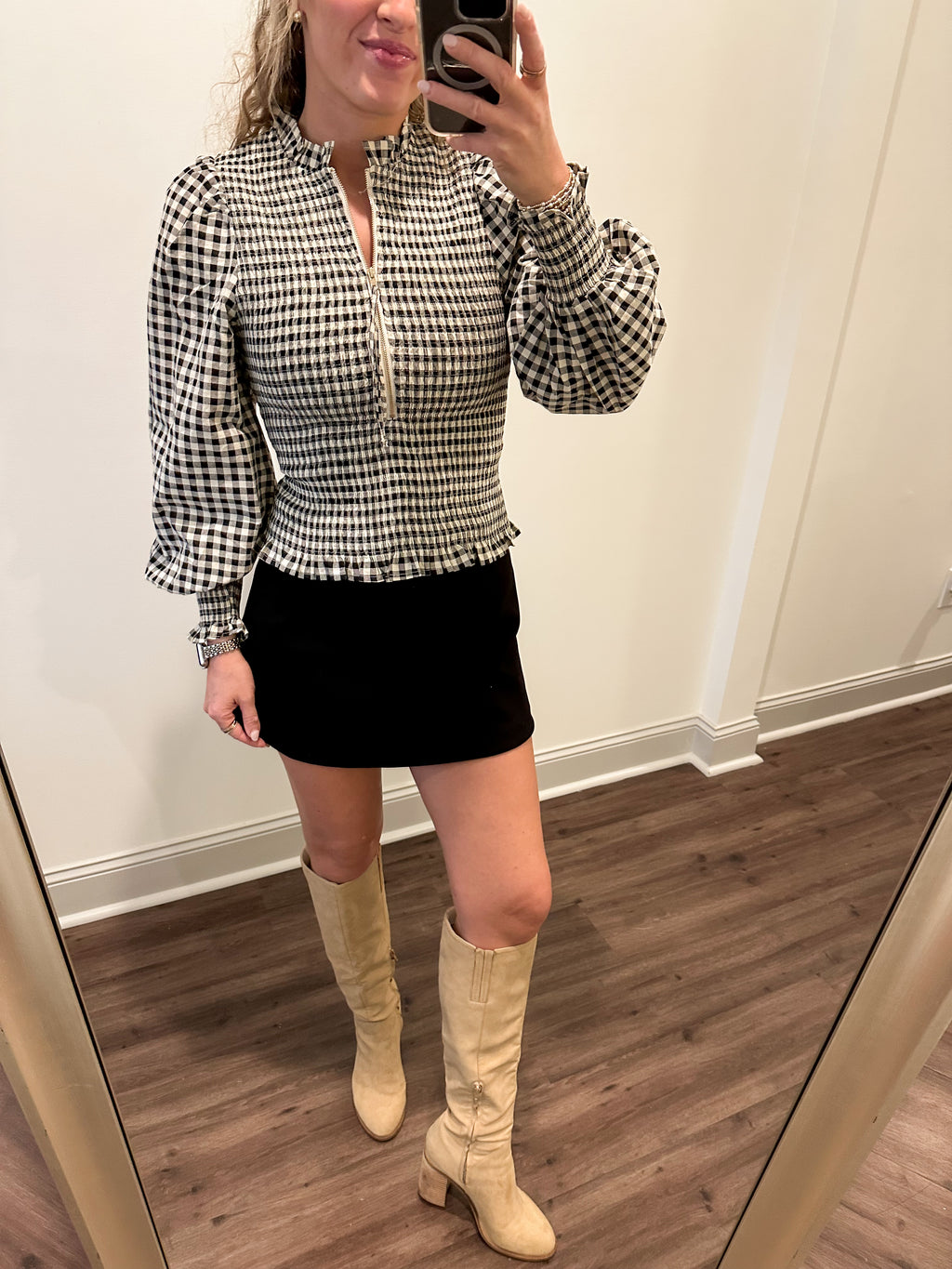 Presley Gingham Zip Top- Black