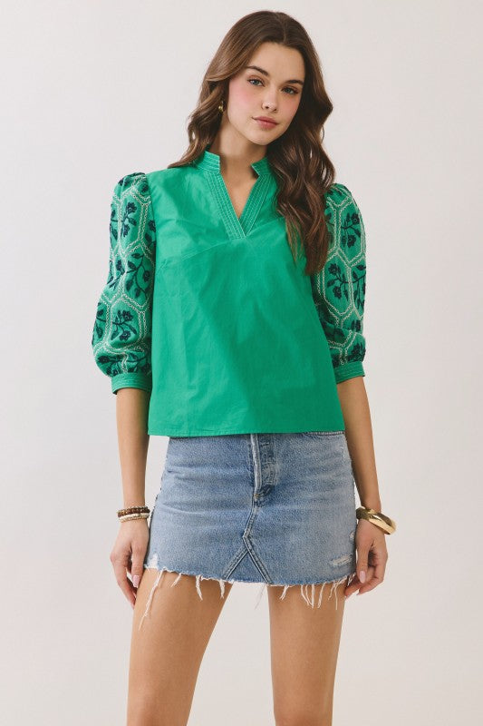 Elissa Embroidered Top- Green
