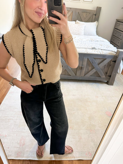 Tie Neck Sweater- Tan/Black