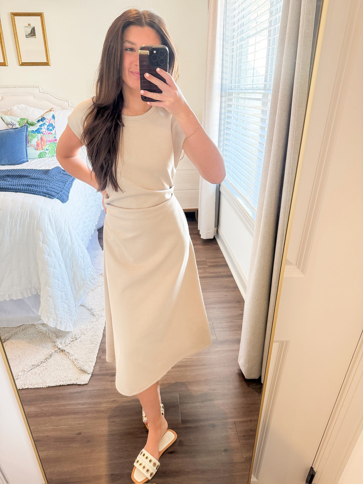 Neoprene Side Pleat Midi- Taupe