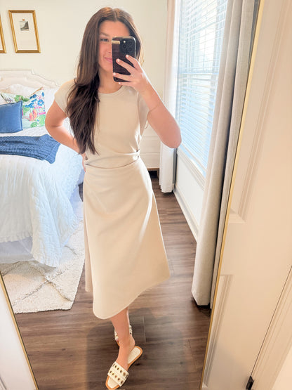 Neoprene Side Pleat Midi- Taupe