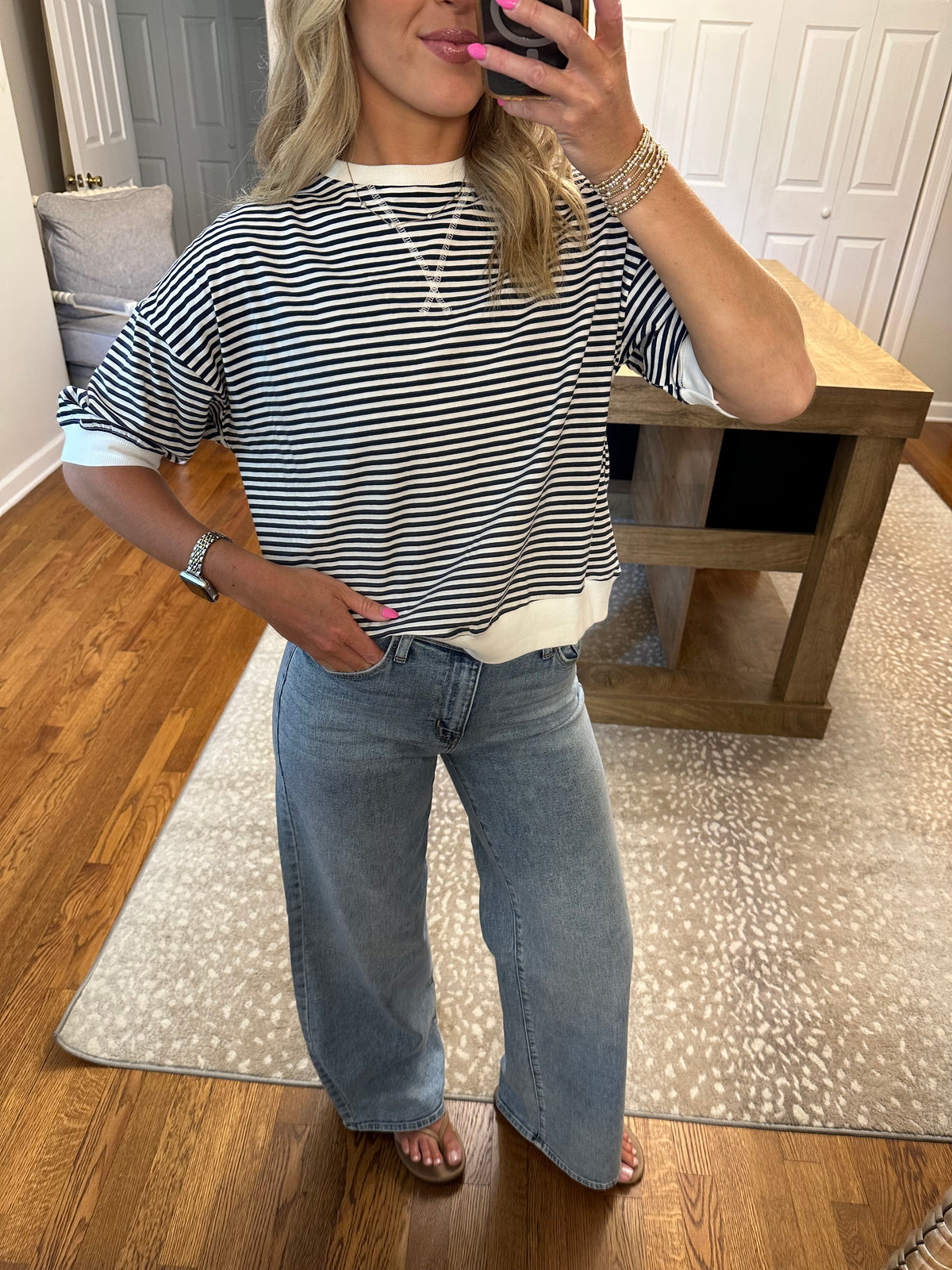 Rib Banded Short Sleeve Stripe Pullover- Navy