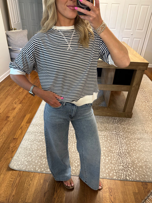 Rib Banded Short Sleeve Stripe Pullover- Navy
