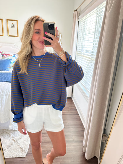 Hudson Stripe Pullover- Blue/Brown