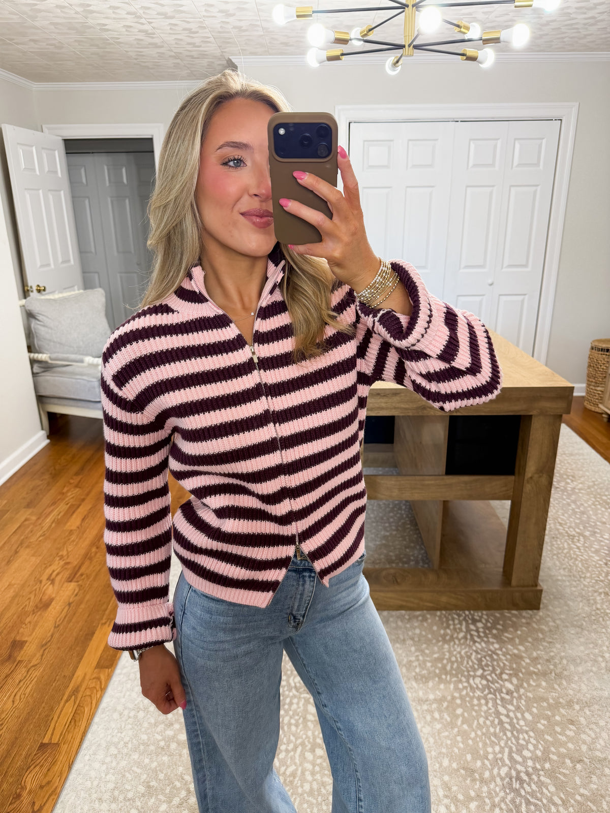 Marissa Rib Knit Striped Zip-Up Cardigan- Plum/Pink