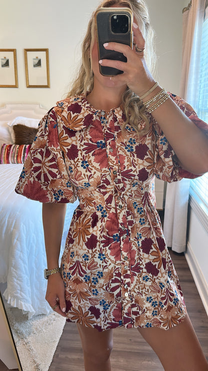 Louis Balloon Mini Dress- Cream/Rust
