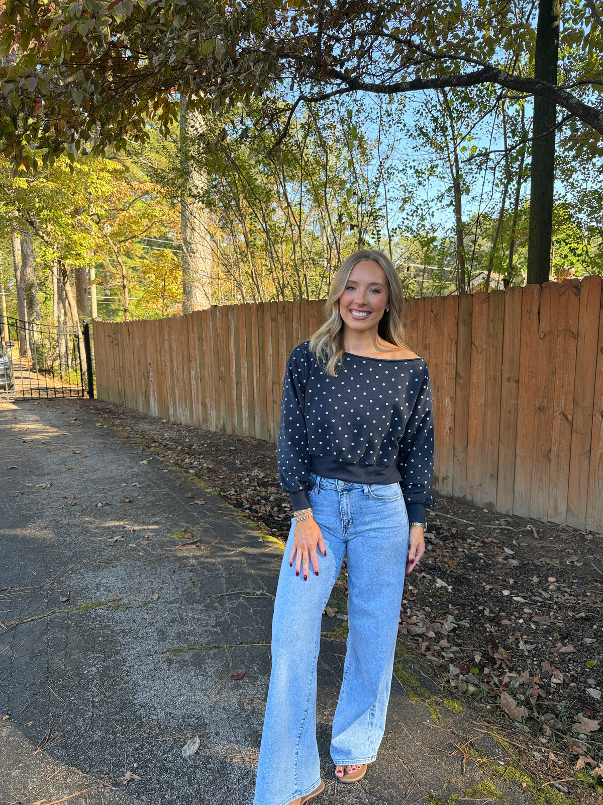 Lucille Polka Dot Off Shoulder Sweatshirt- Navy