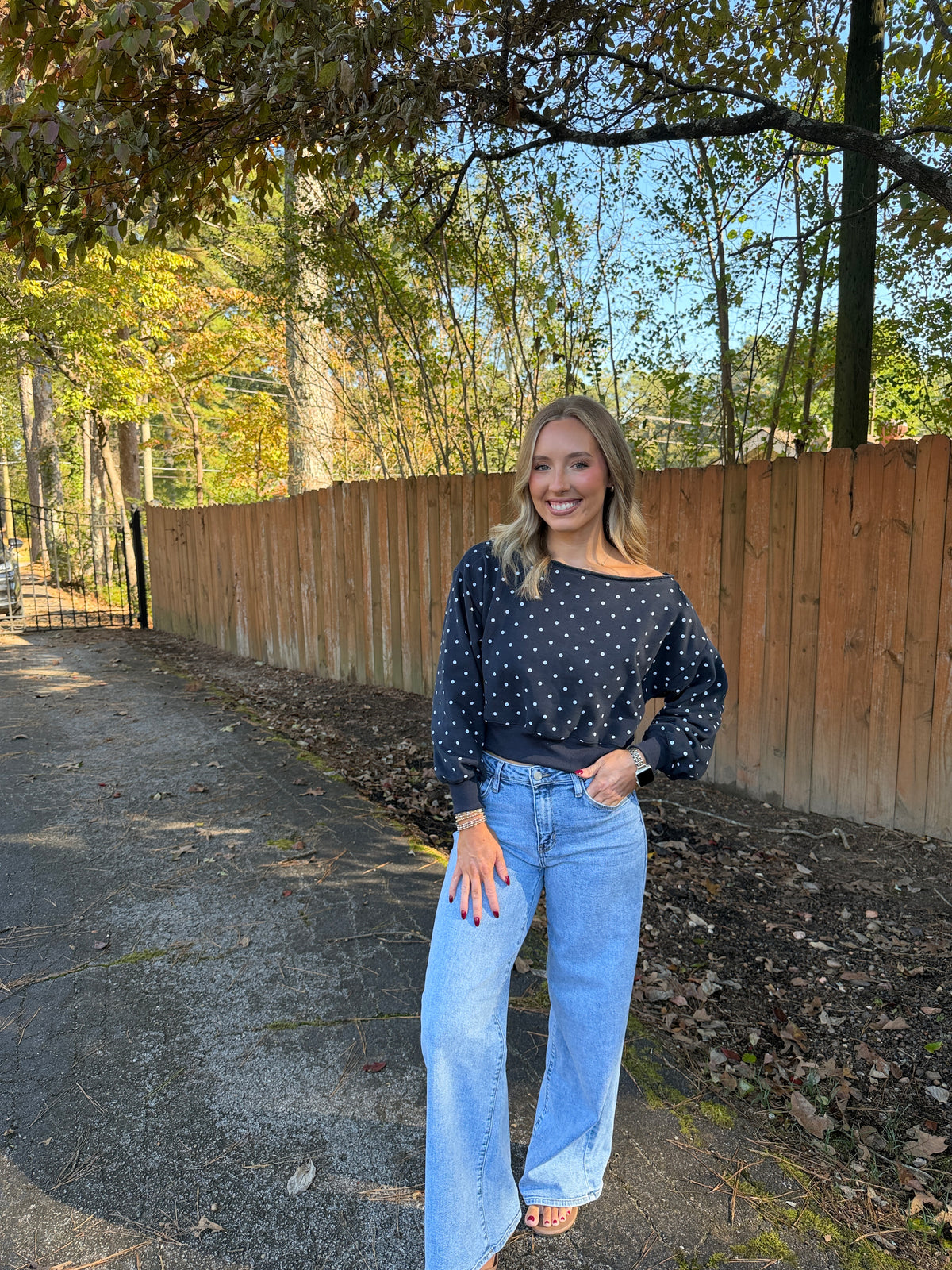 Lucille Polka Dot Off Shoulder Sweatshirt- Navy