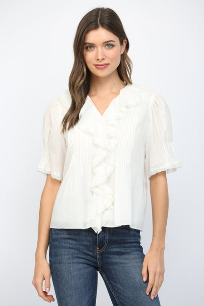 Cascading Ruffle Front Top- White