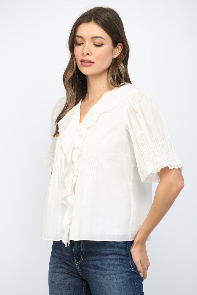 Cascading Ruffle Front Top- White