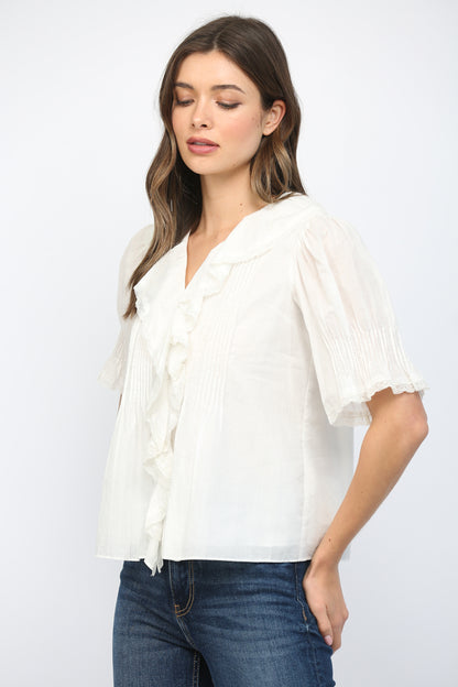Cascading Ruffle Front Top- White