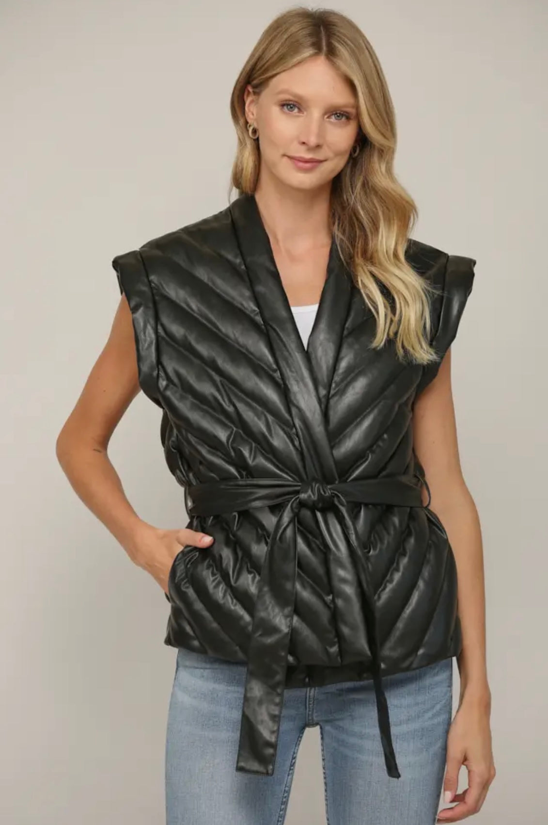 Leather Belted Vest- Black