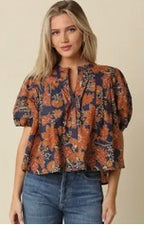 Zoey Floral Top- Navy/Rust