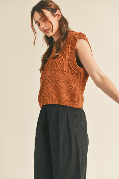 Mixed Cable Knit Vest- Camel