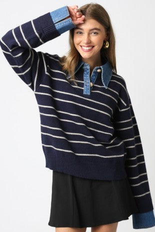 Alyssa Denim Contrast Sweater- Navy/Grey