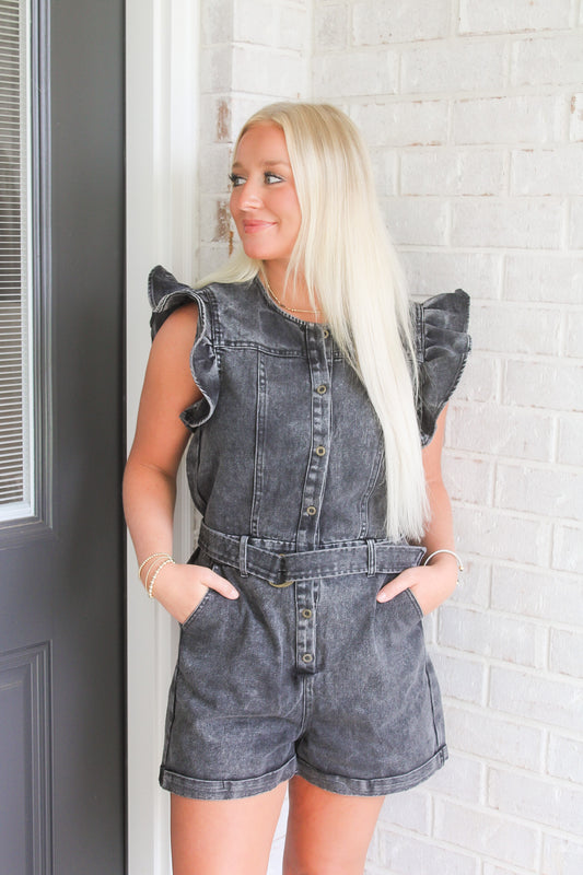 Twill Button Down Romper- Black Denim