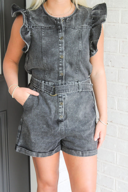 Twill Button Down Romper- Black Denim