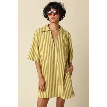 Chloe Olive Stripe Shirt Dress- Kiwi Mocha