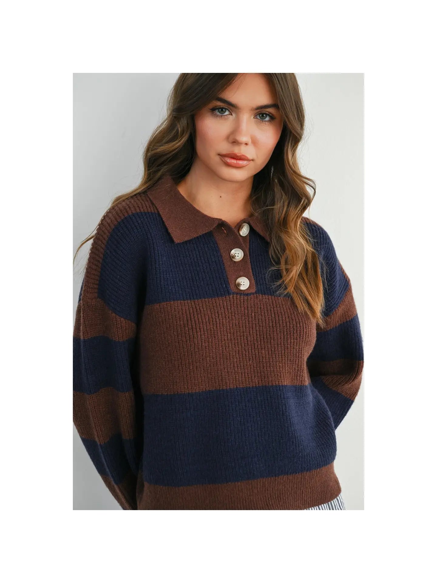 Striped Color Block Collared Sweater- Brown/Navy