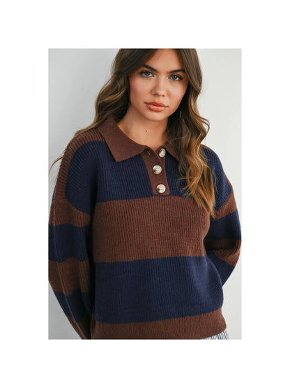 Striped Color Block Collared Sweater- Brown/Navy