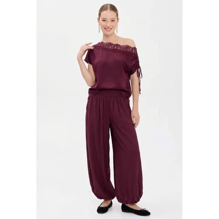 Maeve Lace Trim Top- Wine