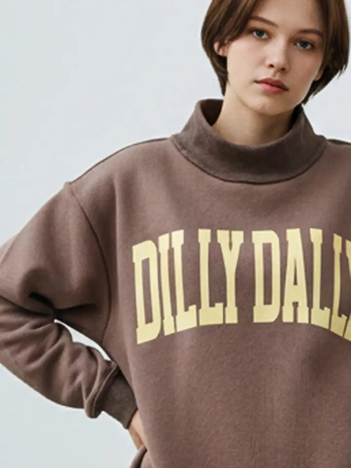 Dilly Dally Mockneck Sweatshirt- Brown/Yellow