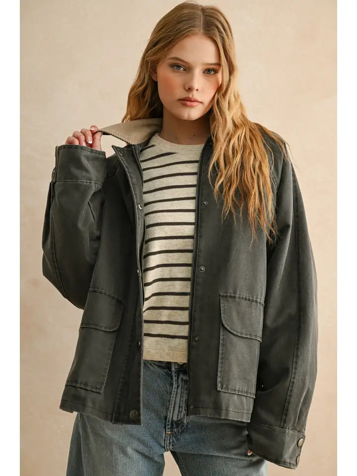 Collar Contrasted Utility Jacket- Charcoal