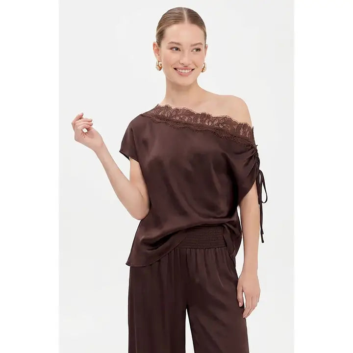 Maeve Lace Trim Top- Chocolate