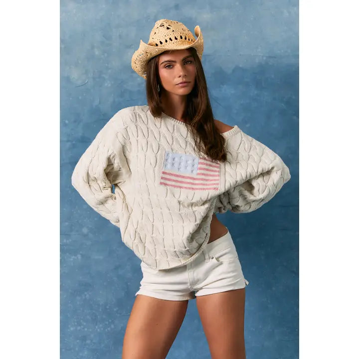 Boat Neck American Flag Sweater- Cream