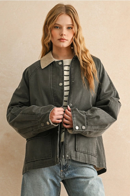 Collar Contrasted Utility Jacket- Charcoal