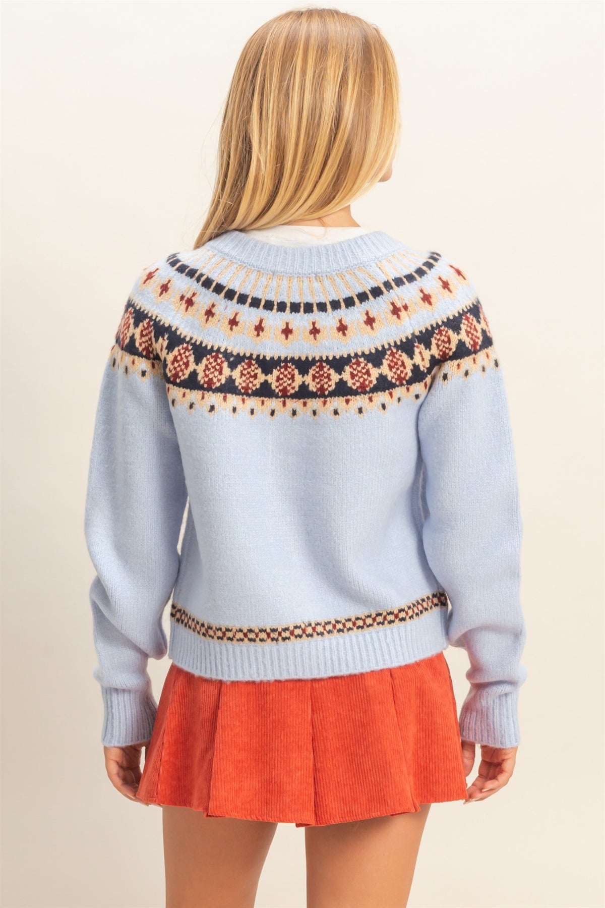 Alyssa Fair Isle Cardigan- Light Blue