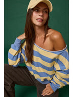 Lily Striped Off Shoulder Sweatshirt- Blue/Yellow