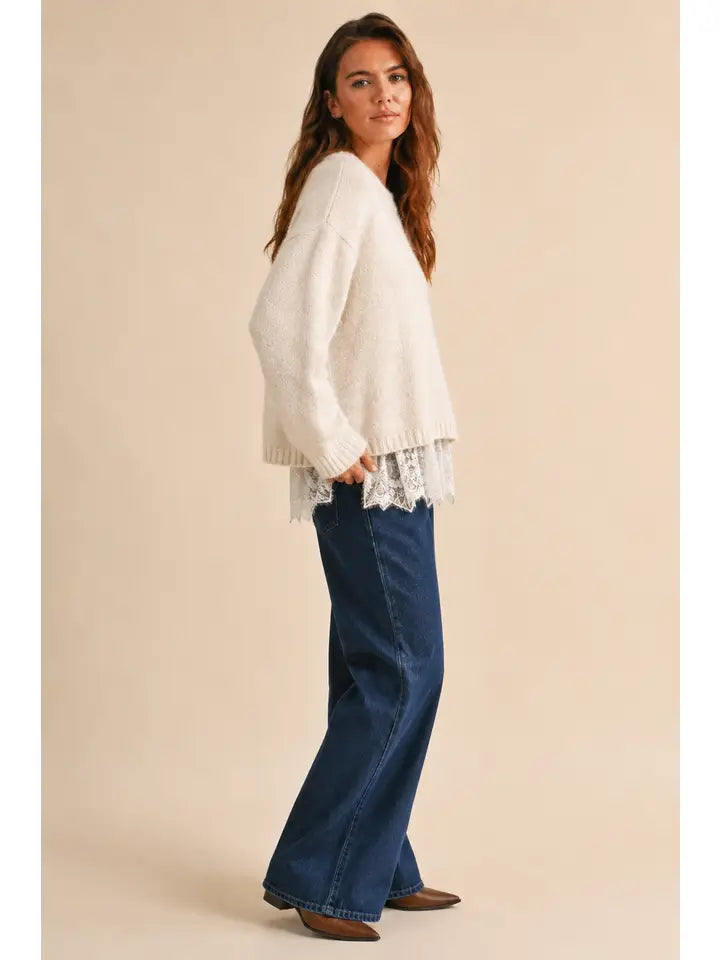 Crew Neck Lace Hem Sweater- Cream