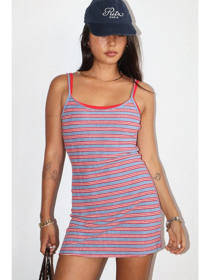 Striped Scoop Neck Mini Dress- Blue/Red