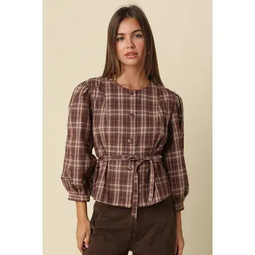 Marlowe Plaid Tie-Waist Blouse